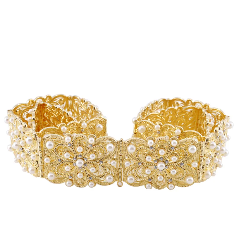 Fashion women wedding waist chain metal belt pearl crystal hollow belt bride wedding body jewelry belly chain