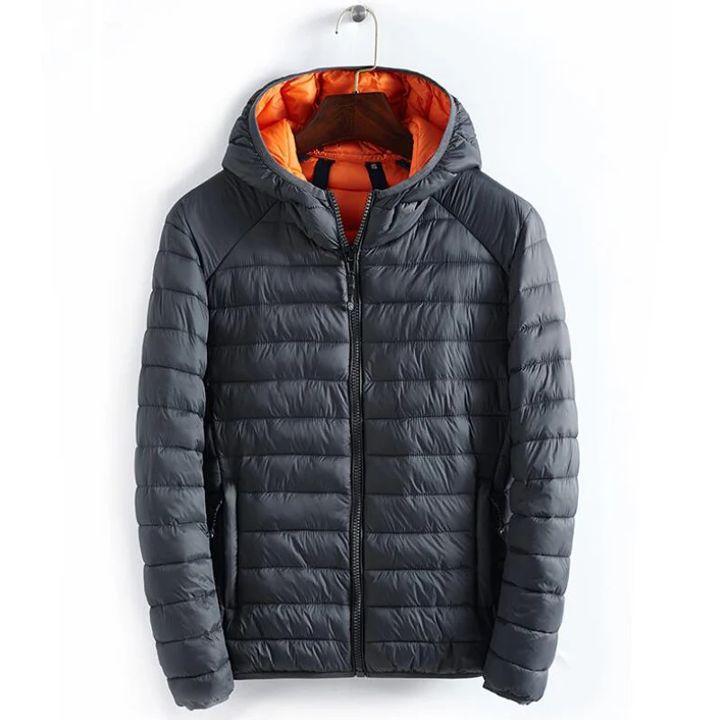 Темно-серый Зимняя куртка мужская хлопковая стеганая куртка мужская с капюшоном Сверхлегкая тонкая пуховая куртка повседневная простая легкая куртка ветровка - Цвет: Темно-серый