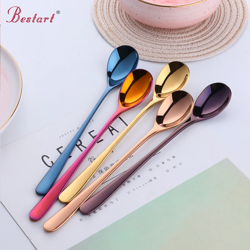 

2PCS Stainless Steel Ice Spoon Set Long Handle 7Colorful Black plated tableware for Coffee Ice Cream Small Desser Spoons Scoop