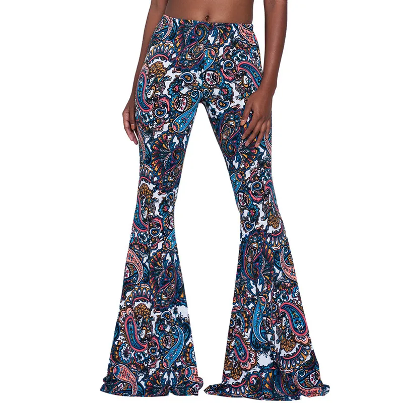 Printting Boho Для женщин расклешенные брюки 2018 Хлопок Лен Длинные для леди Высокая
