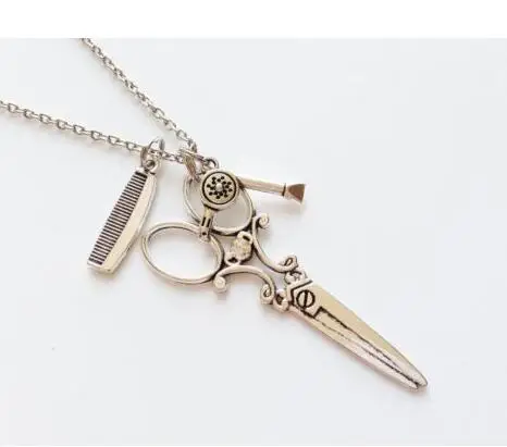 

Vintage Silver Comb Scissors Hair Dryer Necklace Pendants Charms Statement Collar Choker Necklace Women Jewelry DIY Gifts NEW