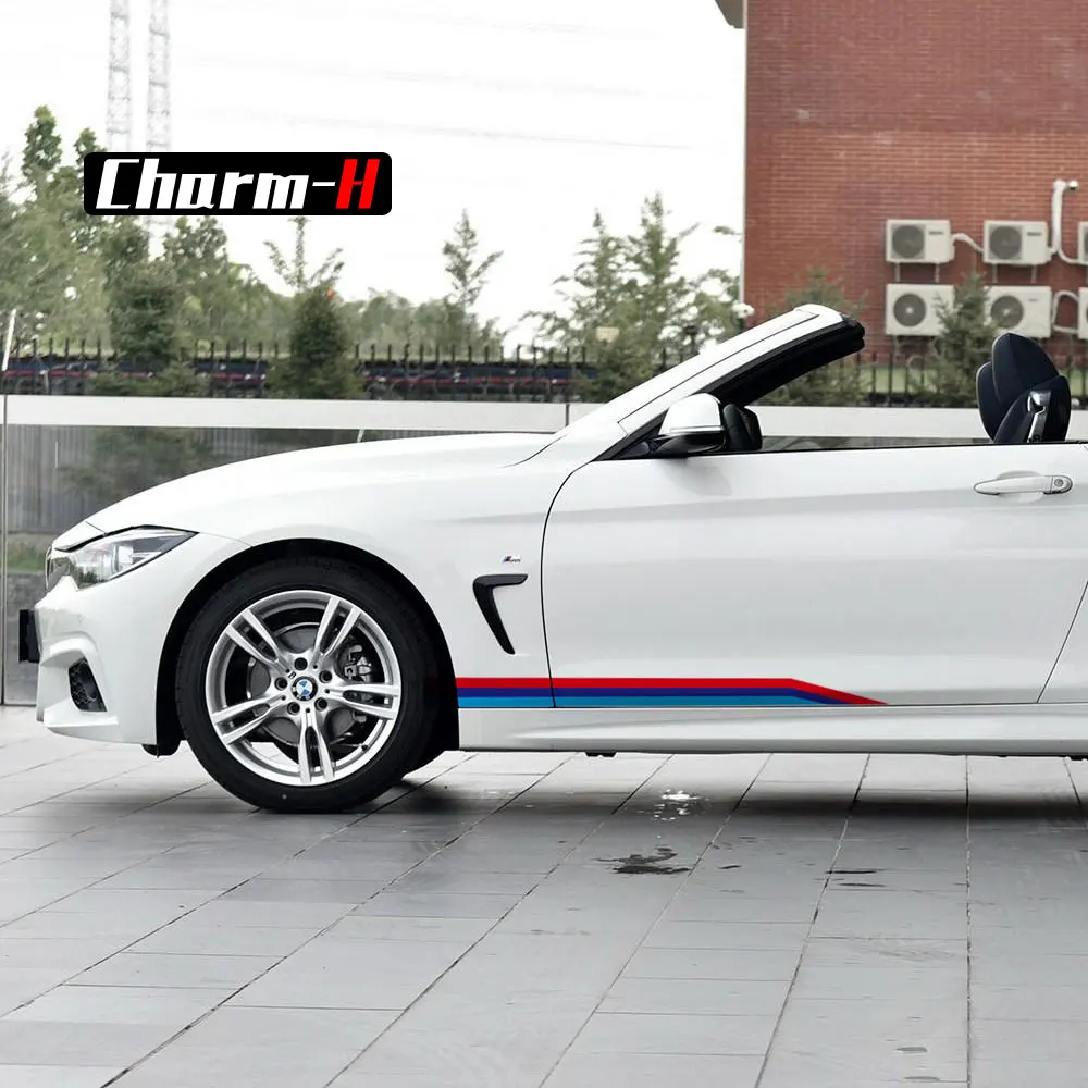 

Наклейка трехцветная с боковыми полосками на юбку, наклейка для BMW Z4, F20, F23, F30, F32, F34, F36, F10, F82, G30, E90, M4, M5, M6, аксессуары для представлений, 2 шт.