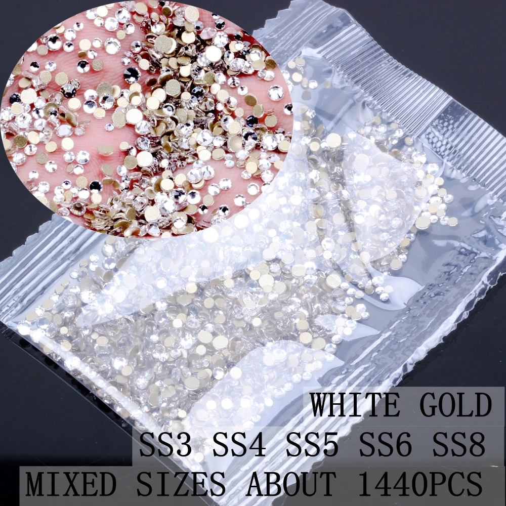 Crystal Gold Mixed S 3D Стразы для ногтей, SS3-SS8, хрустальные стразы, плоские с оборота, Стразы для ногтей, не Горячие фиксации, украшение для ногтей, сделай сам, стеклянный маникюр - Цвет: Crystal Gold Mixed S