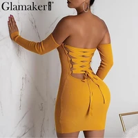 glamake sexy knitted off shoulder bodycon red dress women backless lace up mini dress elegant spring party club dress vestidos
