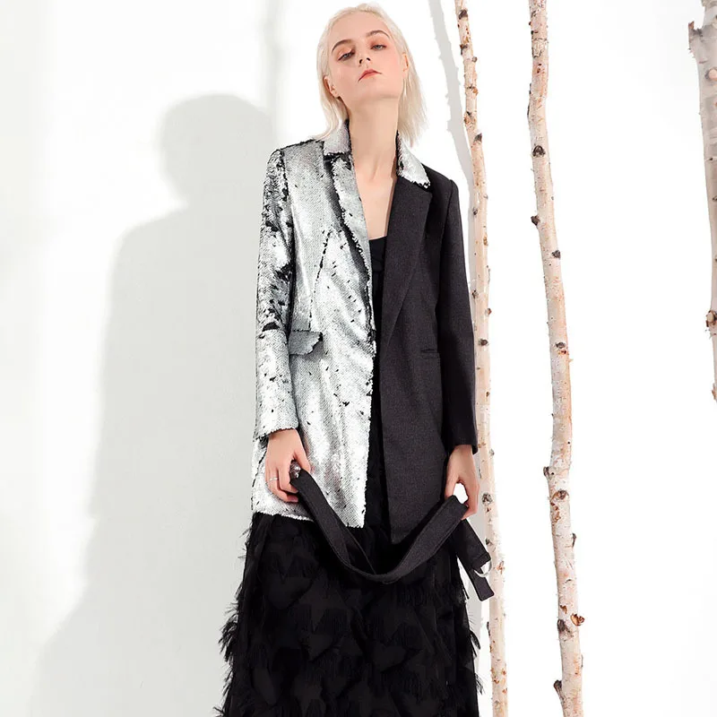 TWOTWINSTYLE, женский костюм с тяжелыми блестками, длинный рукав, бандаж, пэчворк, хит цветов, Блейзер, пальто, женская Повседневная мода, осень