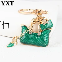 fashion two green handbag high heel shoe new fashion cute rhinestone crystal car purse key chain jewelry creative party gift