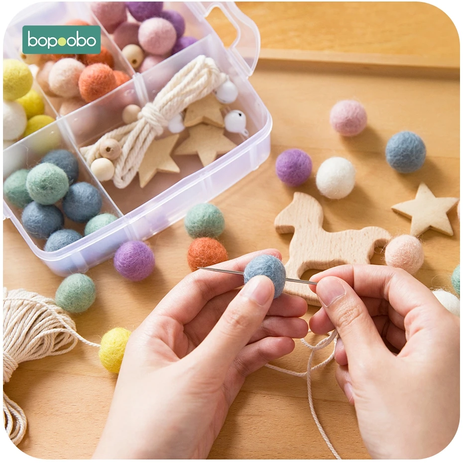 Bopoobo 1Set Baby Teether DIY Silicone Beads Pacifier Clip Chain Baby Mobile Wool ball BPA Free Wooden Crochet Beads Teether