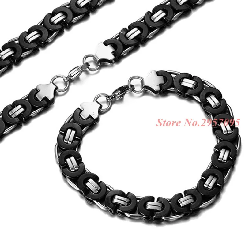 11mm Wide Cool Silver Black Color Box- Byzantine Chain Necklace &amp Bracelet Set Stainless Steel Jewelry Men's | Украшения и