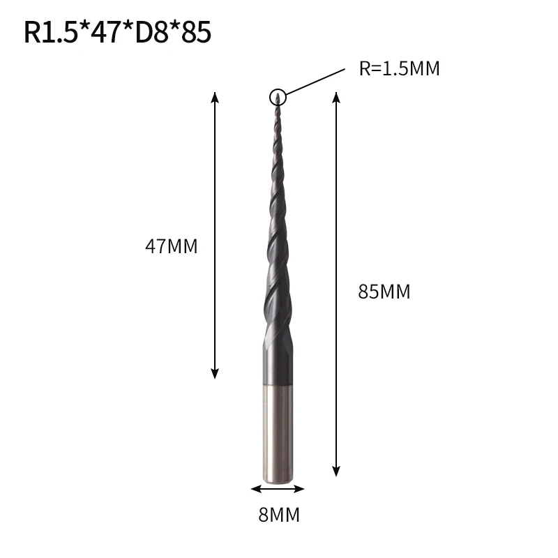 R1.5X47XD8X85L Augusttools коническая Концевая фреза HRC 55 Вольфрамовая твердосплавная фреза 3,175 мм 4 мм 6 мм с шариковым носом коническая концевая фреза для дерева и металла - Длина режущей кромки: R1.5X47XD8X85L