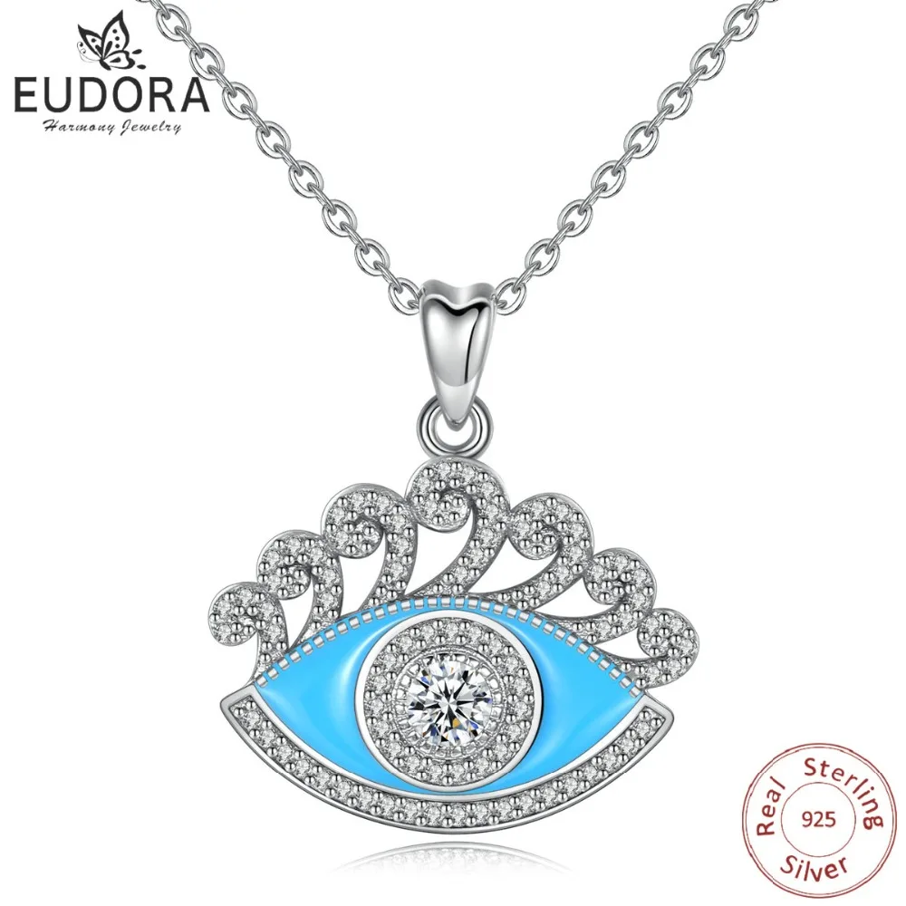 Ожерелье EUDORA из серебра 925 пробы с синей эмалью и кулоном сглаза фианитами
