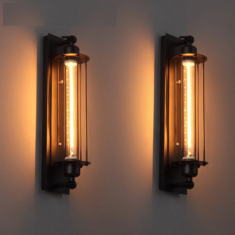 Modern Industrial Style Design Black Iron Cage Wall Lamp American Loft
Home Decoration Long Black Wall Sconce Lighting
