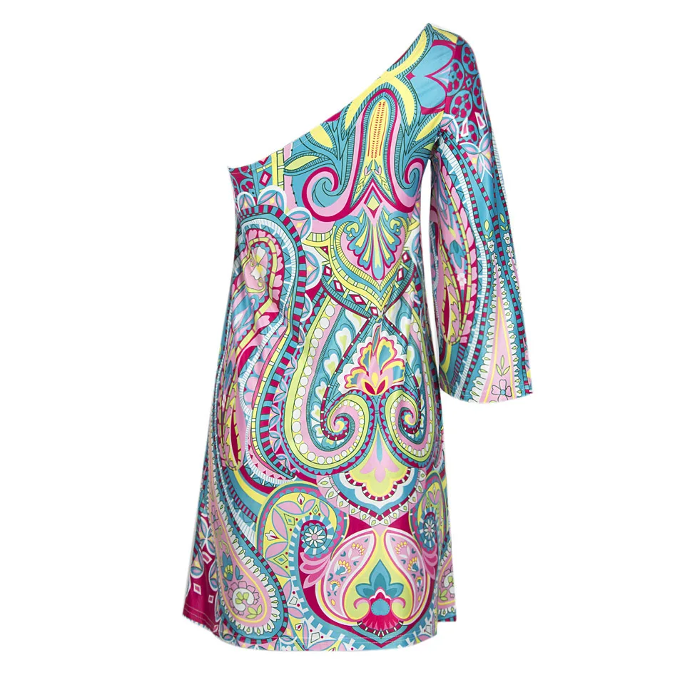 Dresses One-Shoulder Ethnic Summer Beach Dress 2019 New Sexy Slim Flare Sleeve Large Swing Mini Floral Print Women | Женская одежда
