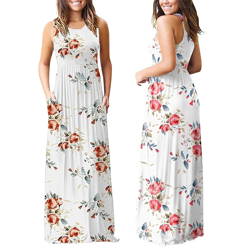 Женское повседневное пляжное платье макси без рукавов с цветочным принтом и