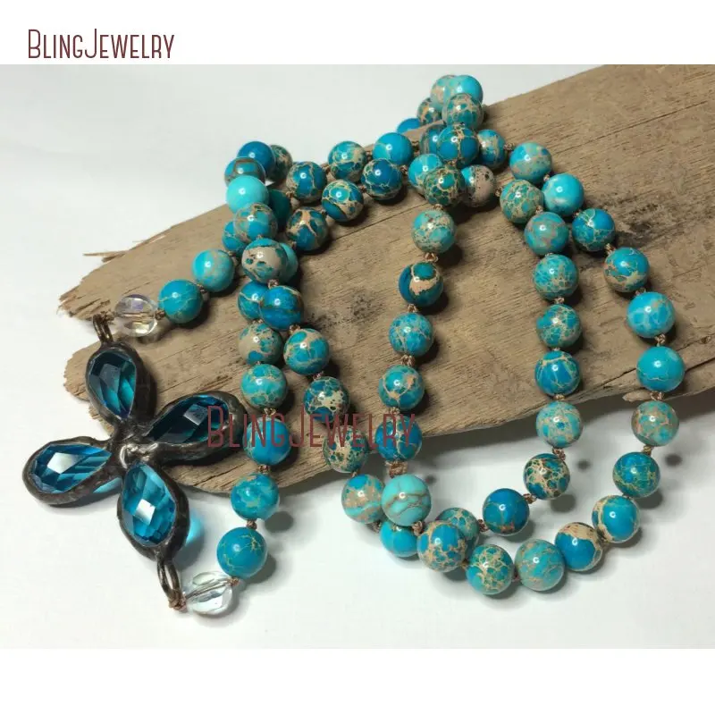 Ожерелье с узелками Boho Aqua Teal ожерелье с припаянным кристаллом с боковым крестом кулон Boho длинное многослойное ожерелье NM26772