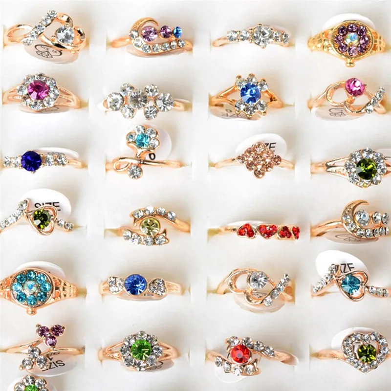 

10 Pcs Gold Color Woman Rings Assorted Design Crystal Ring Cute Kid Child Party Small Size Adjustable Jewelry Wholesale Lot Gift