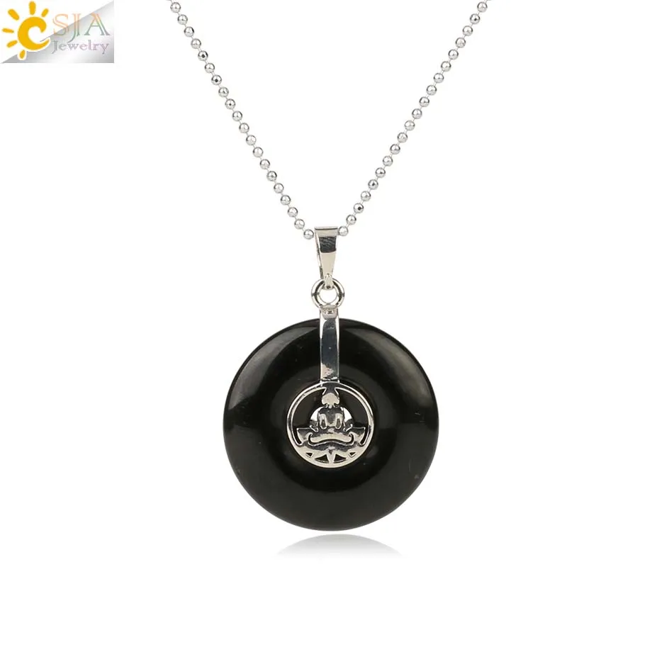 Black Agate Chain Csja Йога Лотос кулон для медитации натуральный фиолетовый розовый кристалл тигровый глаз круглые полые Рейки Чакра бусины для женщин и мужчин ожерелье G144 - Окраска металла: Black Agate Chain