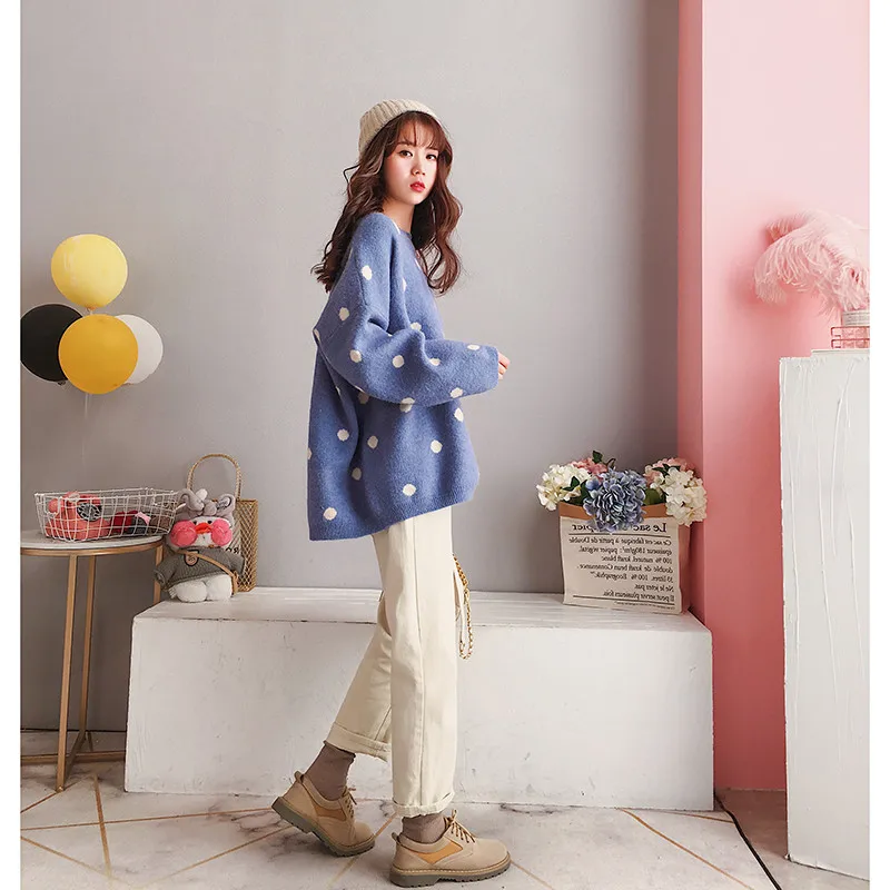 Fall &amp Winter Women Vintage Loose Wool Dot Sweater Tops Knitted Shirt Ladies Oversize Long Sleeve Short Middle Outwear | Женская