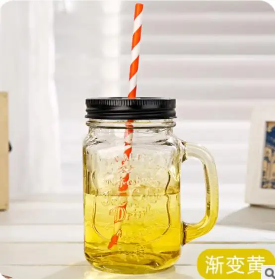 2 450ml Glass Mason Jar Mug with Lid and Straw Summer Ice Cream Fruit Cold Drinking Water Jars Juice Cup - Цвет: 2