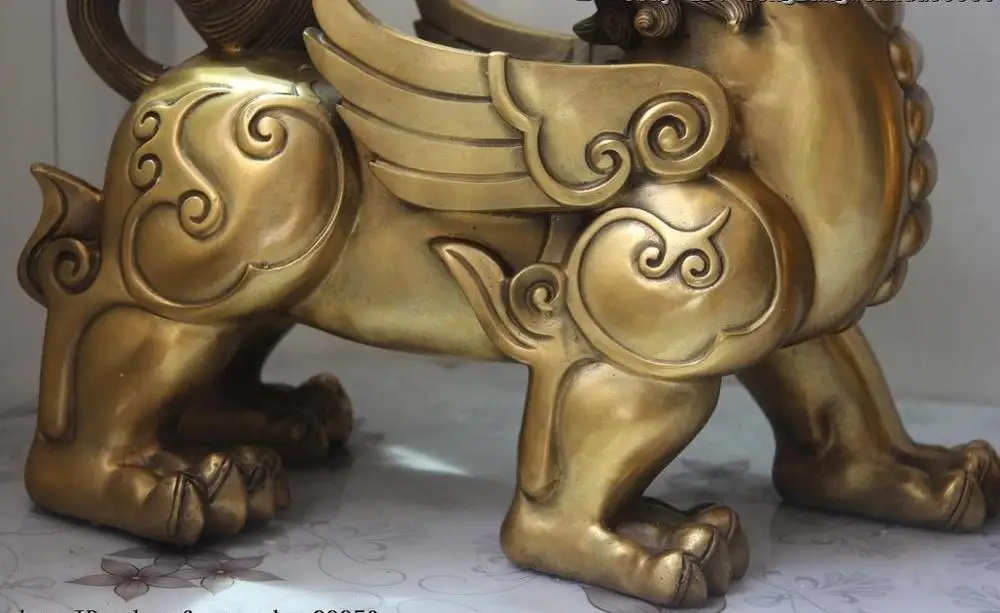 Китайский дворец Латунь Медь Pixiu Храбрые войска Собака Лев Статуя KIRIN пара | Дом и