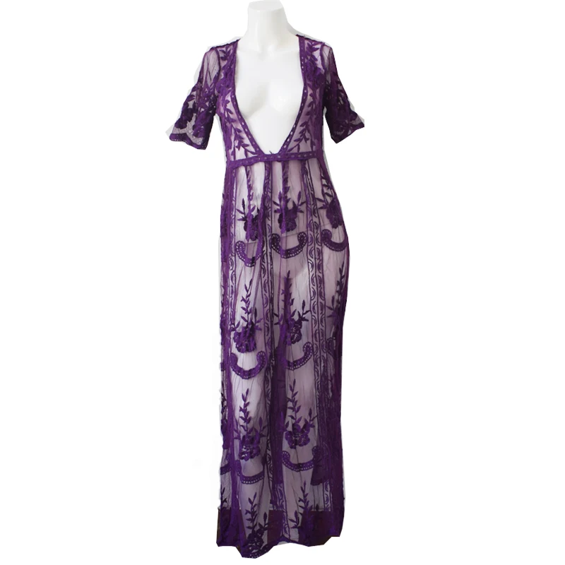 Women Long Maxi Dresses Bohemia V-neck short Sleeve Floral lace Summer Beach Female Split Stylish Style Dress | Женская одежда