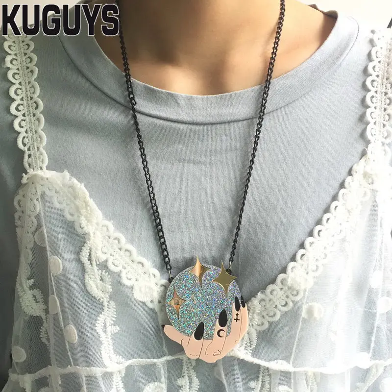 KUGUYS модные акриловые украшения на заказ женские acryl Dazzle цвет шар кулон ожерелье Черная цепочка хип-хоп рок ожерелье s
