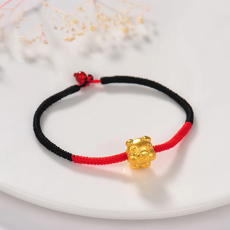

Pure 24K Yellow Gold Bracelet String Weave Zodiac Lucky Pig Bracelet 1.2g