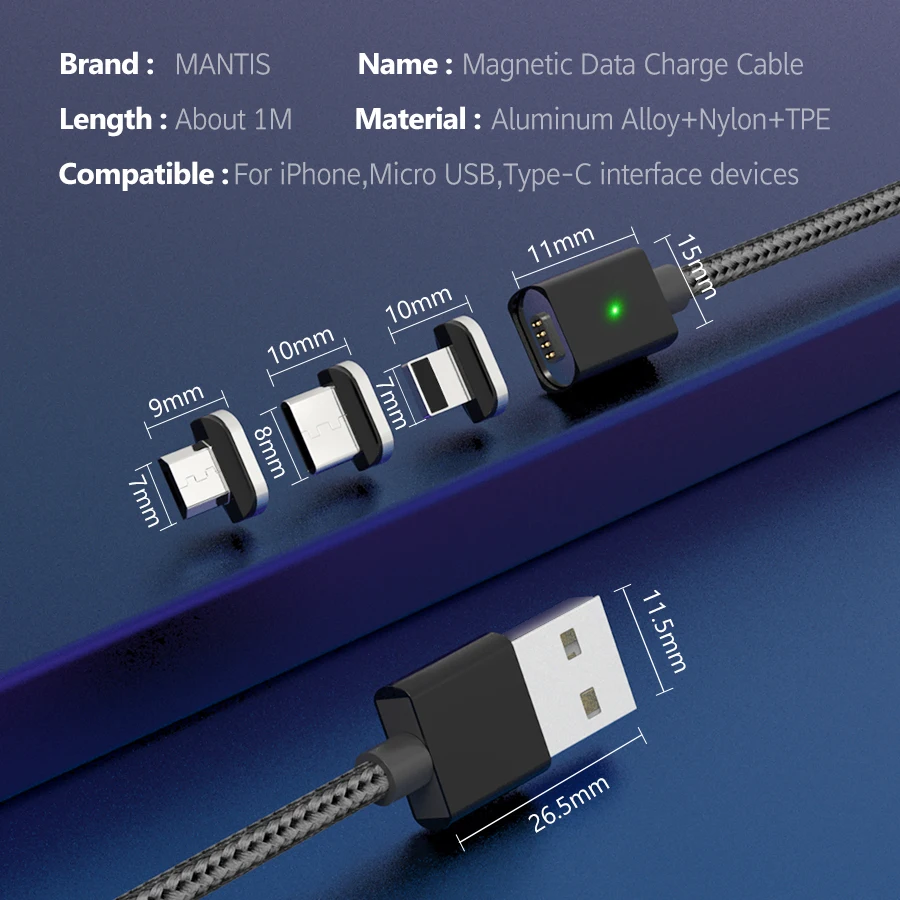 MANTIS Micro USB Магнитный кабель usb type C кабель для зарядки мобильных телефонов type-C USB-C кабель для iPhone huawei samsung Xiaomi 3A