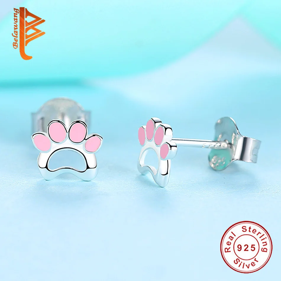 Silver Earrings Children Jewelry Pink Enamel Pet Paw Print Stud for Women Girls Brincos Christmas Gift 2019 | Украшения и