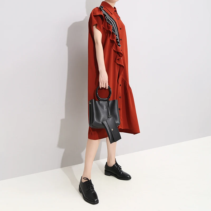 Женский в Корейском стиле размера плюс летнее элегантное красное платье рубашка