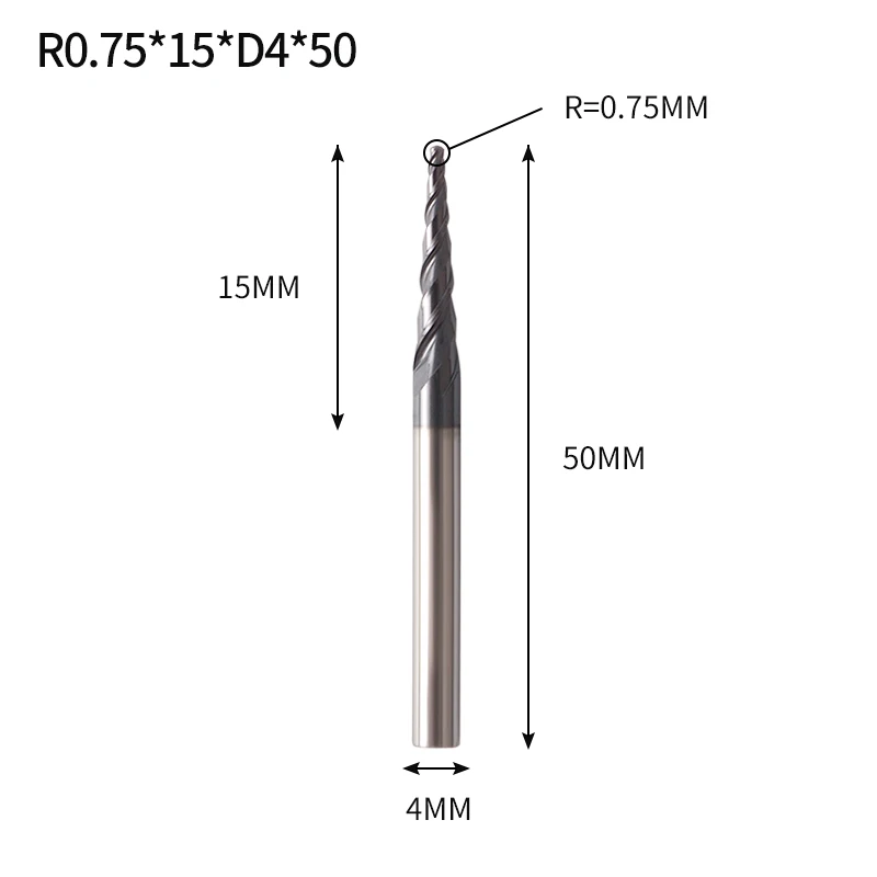 R0.75X15XD4X50L Augusttools коническая Концевая фреза HRC 55 Вольфрамовая твердосплавная фреза 3,175 мм 4 мм 6 мм с шариковым носом коническая концевая фреза для дерева и металла - Длина режущей кромки: R0.75X15XD4X50L
