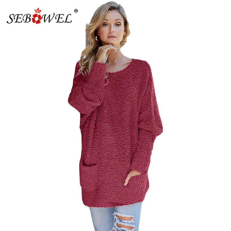 

SEBOWEL Casual Winter Popcorn Knit Woman Sweater Oversized Long Sleeve Tops Pullover Female Warm Cozy Sweaters with Pockets 2019