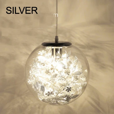 D25cm silver B Современные подвесные светильники из прозрачного стекла с шариком из нержавеющей стали с цветами и листьями золотого и серебряного стекла, подвесные светильники для аквариума, Подвесная лампа - Цвет корпуса: D25cm silver B