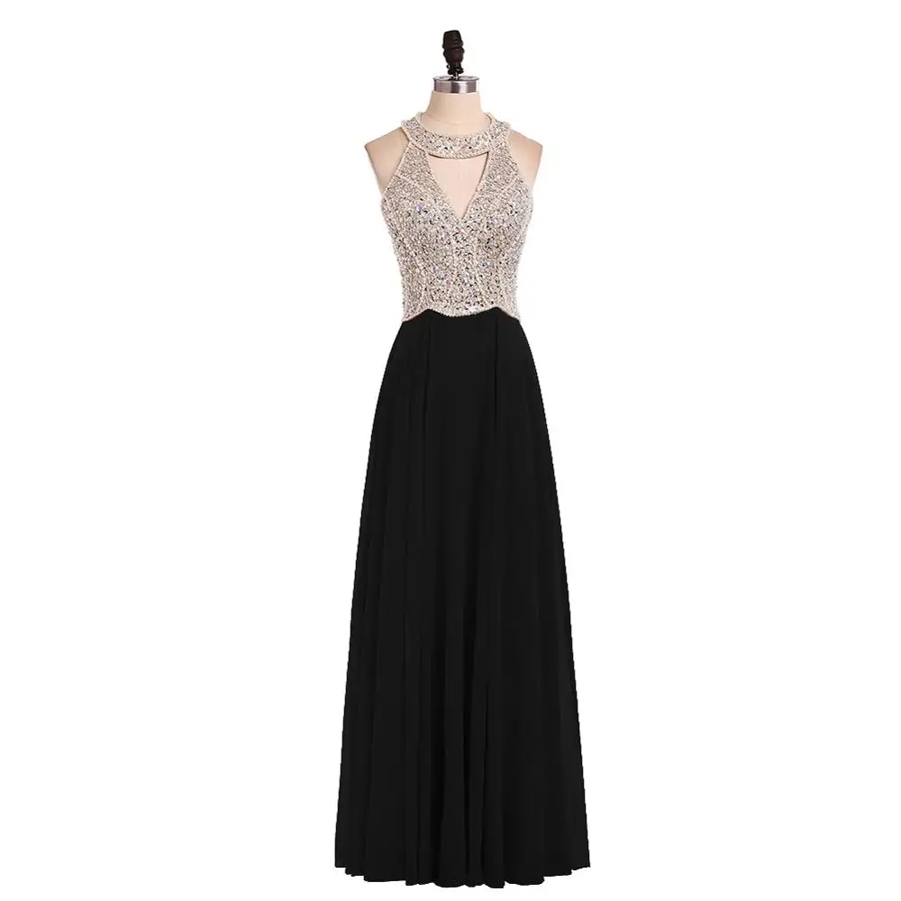 Vestidos de Fiesta, длинное вечернее платье, королевское синее шифоновое ТРАПЕЦИЕВИДНОЕ официальное длинное платье с лямкой на шее, Abendkleider, на заказ, 102417W - Цвет: Черный