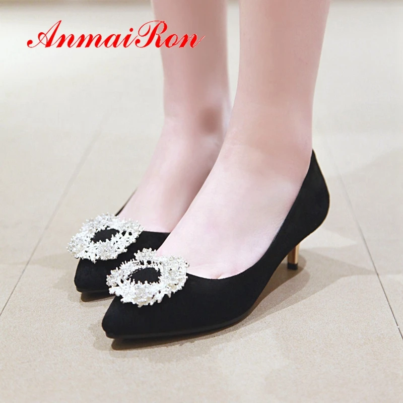 

AnmaiRon Basic Med Thin Heels Women Solid Pumps 4 Colors Crystal Pointed Toe Party Slip-On Women Shoes Size 34-43 LY1680