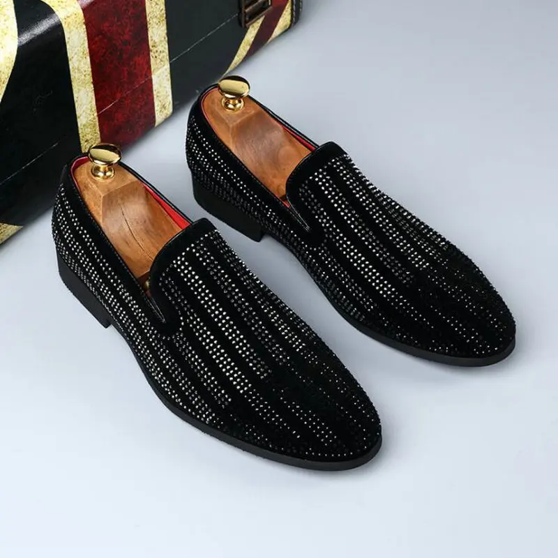 Male Pointed toe flats Driving Shoes Loafers Fashion Men dress shoes Rhinestone Black Party Wedding big size 47 LM-70Z | Обувь
