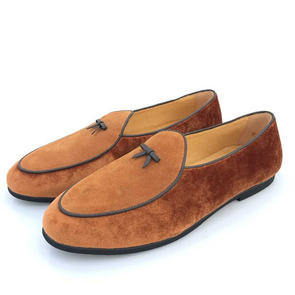 New Fashion Men Leather and Velvet Handmade Loafers Belgian Dress Shoes Brown Slippers Flats With Bowtie Men's US 7-13 | Обувь