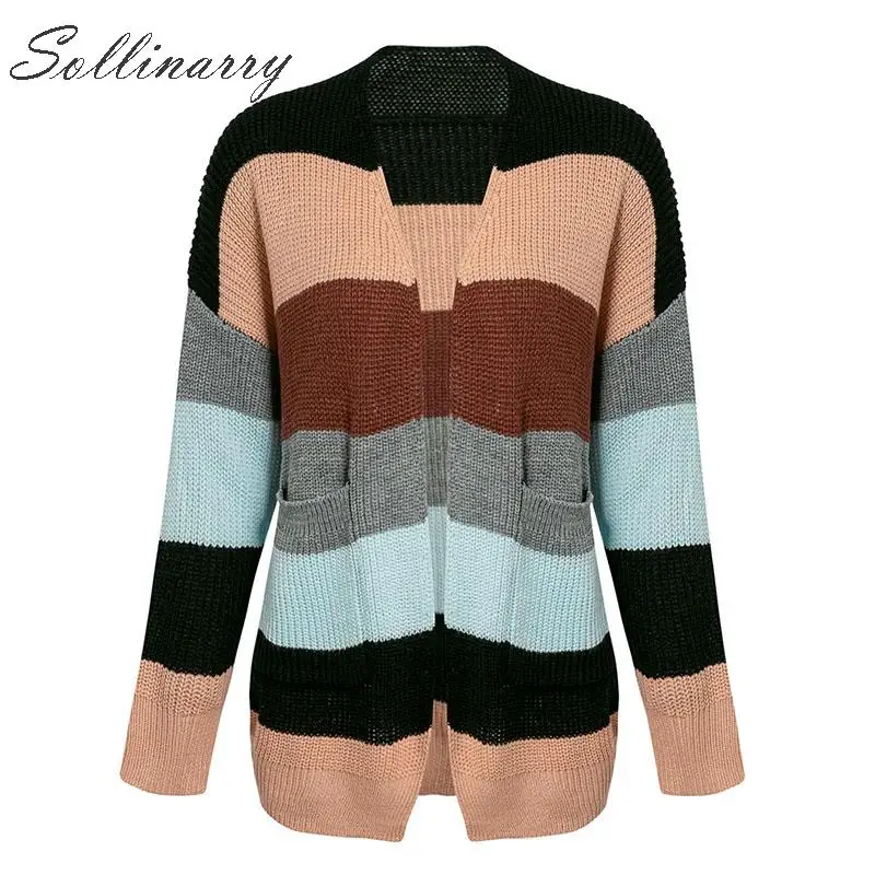 Sollinarry Long Sleeve Autumn Women Sweater Cardigans Casual Patchwork Rainbow Strip Knitted Winter Cardigan Female Chic Coat |