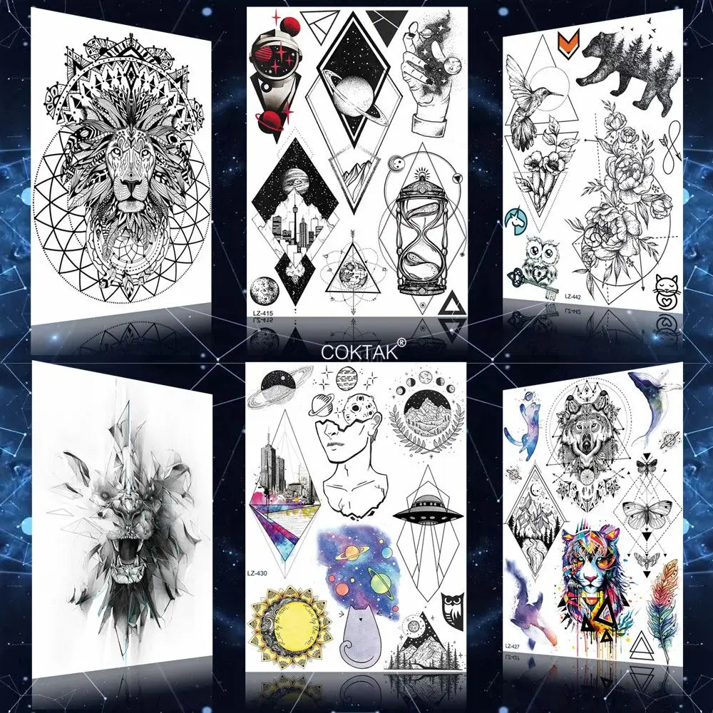 

Planet Star Geometric Temporary Tattoos Sticker For Kids Women Men Spaceship UFO Fake Creative Statue Temporary Tattoo Paper