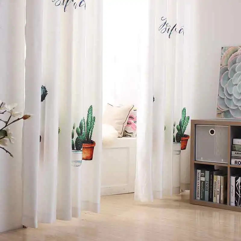 1pc 100% Polyester Curtains For Living Room Semi-shaded Curtain Leisure Children's Style White Cactus Pattern | Дом и сад
