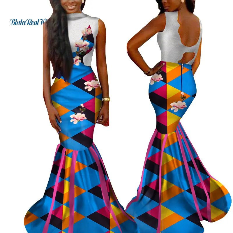 African Print Dresses for Women Bazin Riche Dashiki Women African Clothing Lace Applique Long Mermaid Dresses Vestidos WY3474