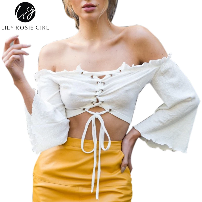 Lily Rosie/пикантные трикотажные укороченные топы со шнуровкой и открытыми плечами