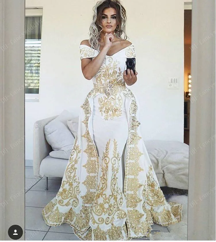 Luxurious Mermaid 2019 Arabic Evening Dresses Sweetheart Embroidery Satin Detachable Train Prom Dresses Sexy Formal Party Gowns