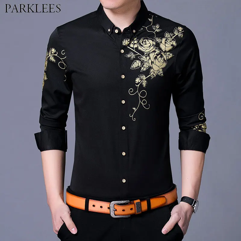 Черная Мужская рубашка с принтом золотых роз осень 2018 новинка приталенная