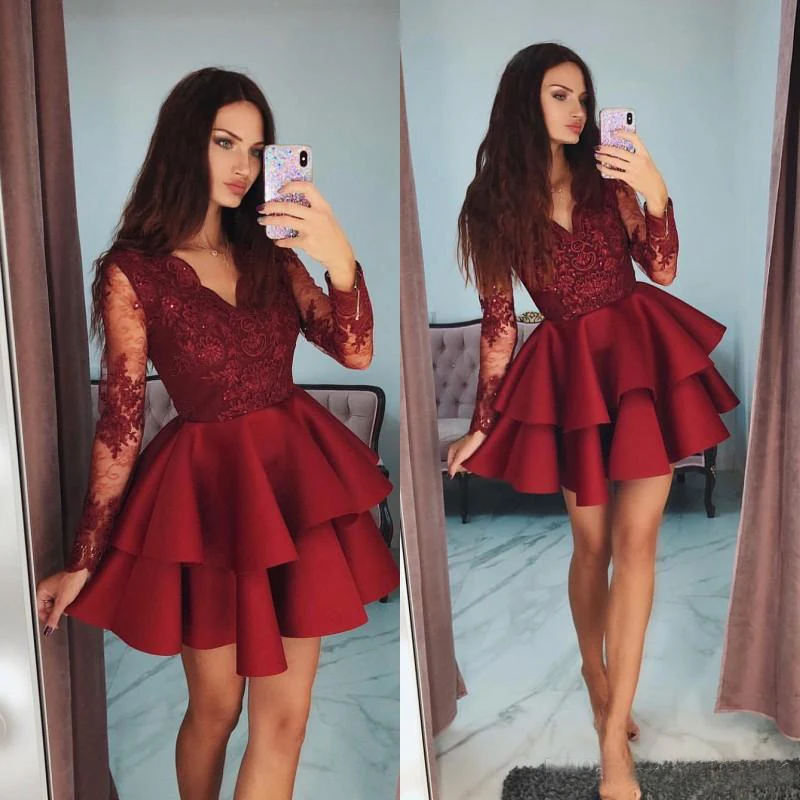 

Red V Neck Homecoming Dresses Tiered Long Sleeve Beaded Lace Applique Short Prom Dress Lovely Fashion Celebrity Party Dresses