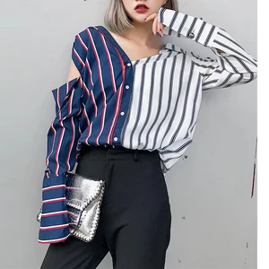 Женская блузка в полоску, сине-белая Асимметричная рубашка с разрезами блузка с V-образным вырезом и длинными рукавами, повседневные топы