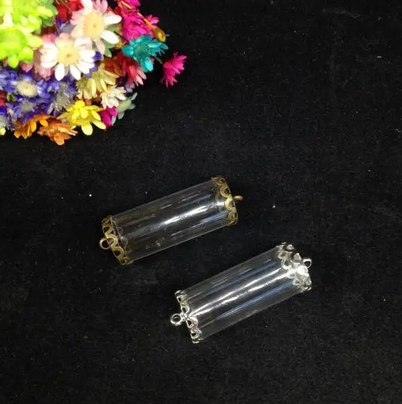 

300pcs 28*12mm tube jars shape glass vial pendant with two lace button base glass cover dome vase craft glass wishing necklace