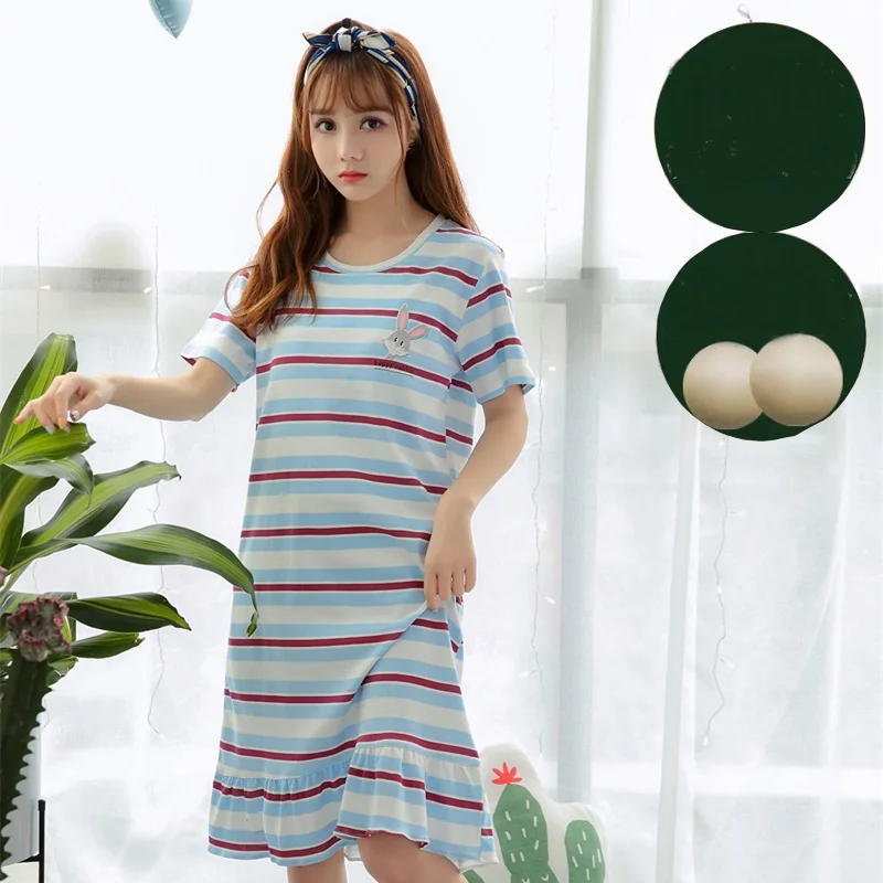 

Women Nightgowns Summer 100%Cotton Short Sleeve Ladies Nightdress Cartoon Striped M-XXL Female Sleepwear With Bra Pad