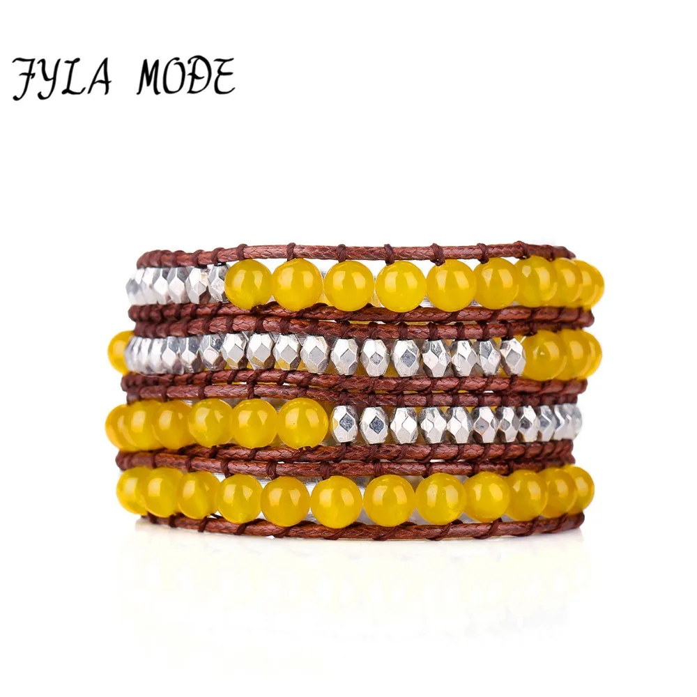 

Fyla Mode Immitation Leather Wrap Bracelet For Women Yellow Stone Natural Stone 4 Wrap Bracelet Vintage Weave Beadwork Bracelet