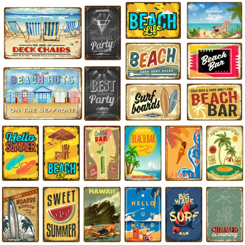 Металлические знаки Hello Summer плакат с изображением океана пляжа волн серфинга
