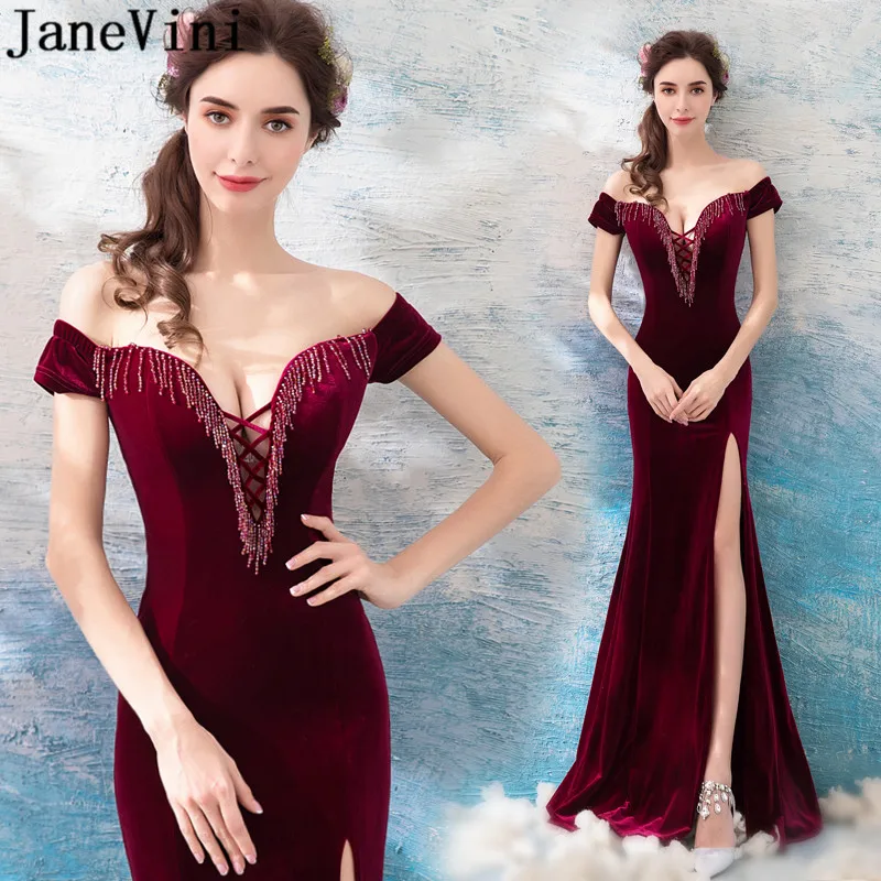 

JaneVini Dark Burgundy Mother's Day Dress Sexy Split Beaded Mermaid Velvet Mother of The Bride Dresses Long Evening Formal Gowns